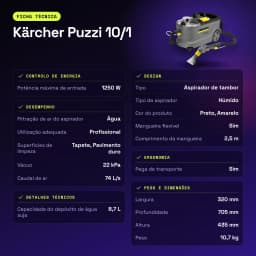 Aspirador de tapetes Kärcher Puzzi 10/1 Cinzento Preto/Amarelo 22kPa 1250W Húmido - características
