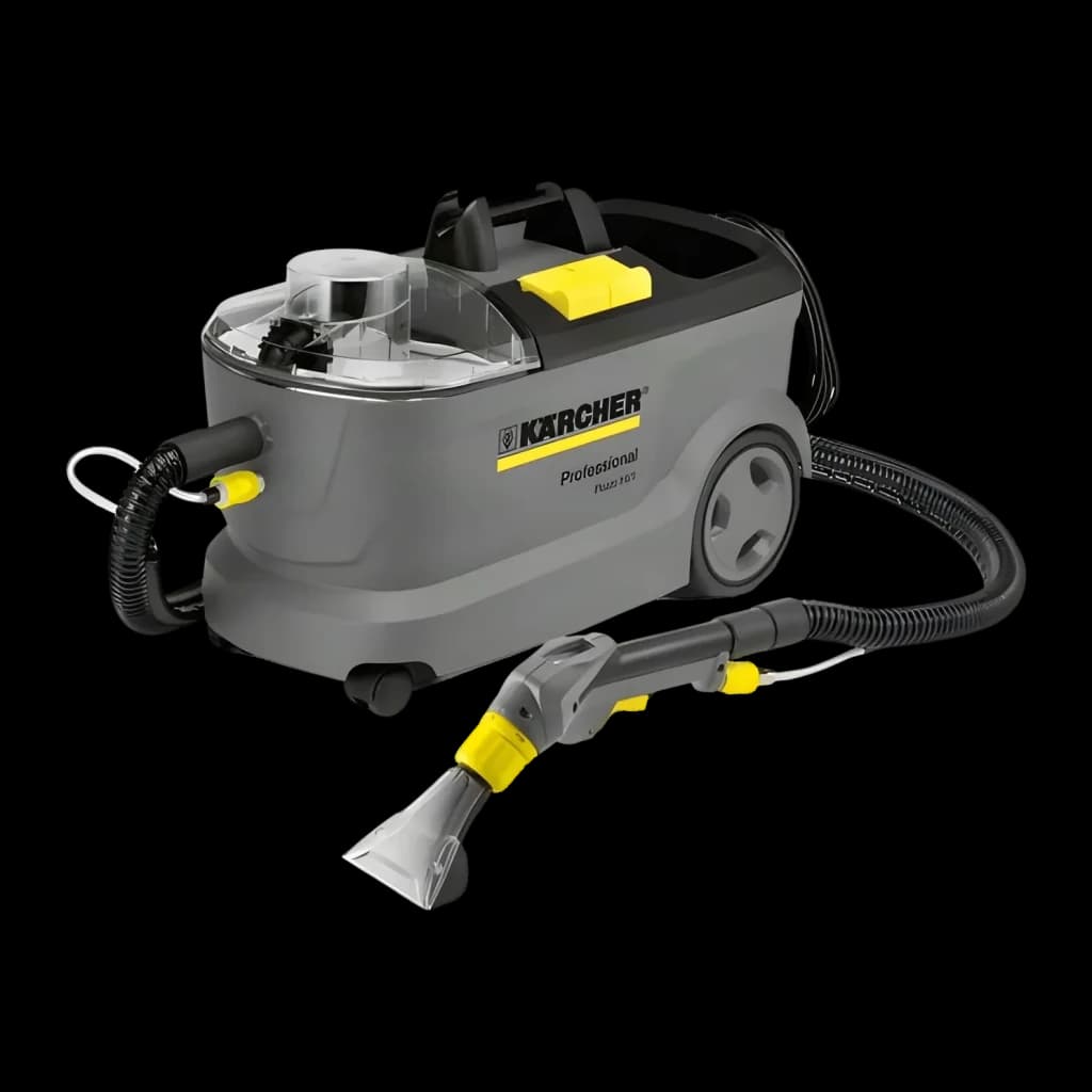 Aspirador de tapetes Kärcher Puzzi 10/1 Cinzento Preto/Amarelo 22kPa 1250W Húmido, vista frontal em ângulo: corpo cinzento