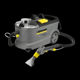 Aspirador de tapetes Kärcher Puzzi 10/1 Cinzento Preto/Amarelo 22kPa 1250W Húmido, vista frontal em ângulo: corpo cinzento
