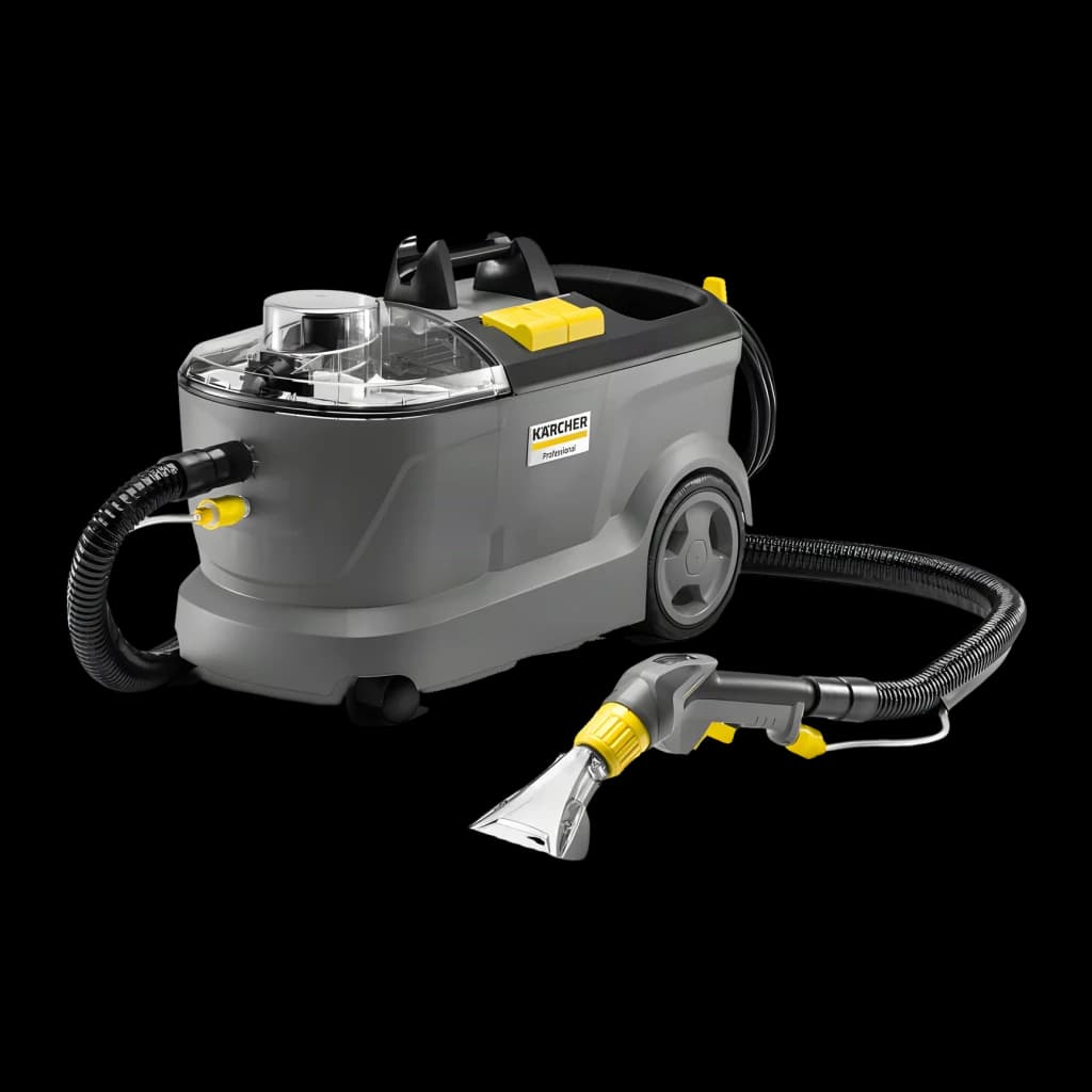 Aspirador de tapetes Kärcher Puzzi 10/1 Cinzento Preto/Amarelo 22kPa 1250W Húmido, vista lateral: depósito transparente
