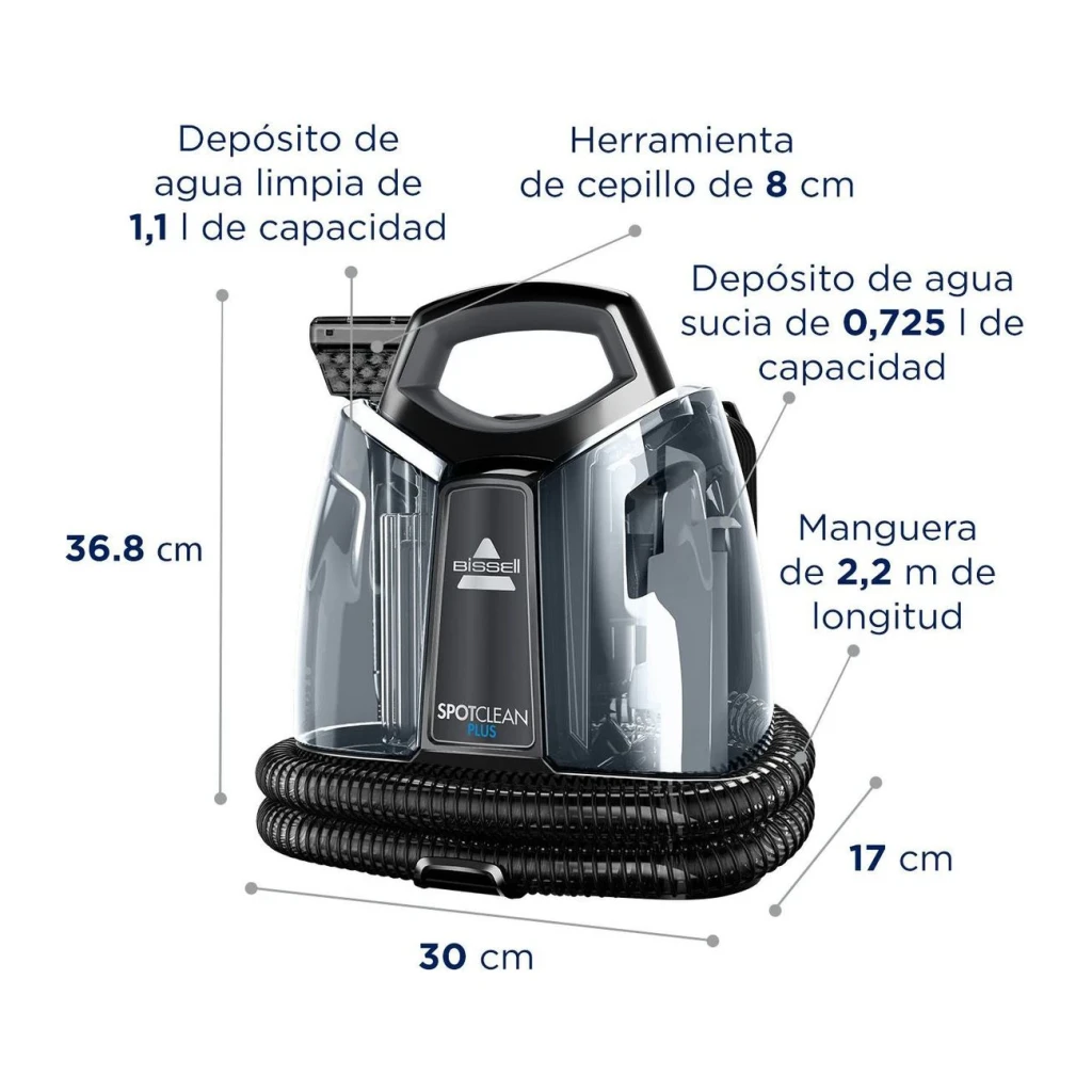 Aspirateur à main BISSELL SpotClean Plus 3724N Noir 330W, infographie: dimensions, réservoirs et tuyau 2,2 m