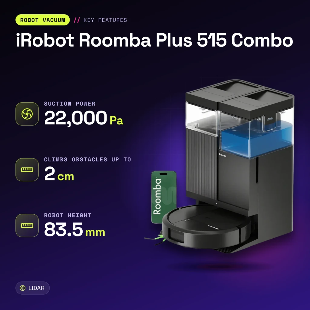 Robot aspirador iRobot Roomba Plus 515 Combo Preto LiDAR Lavagem com mopa elevatória Esvaziamento automático - características