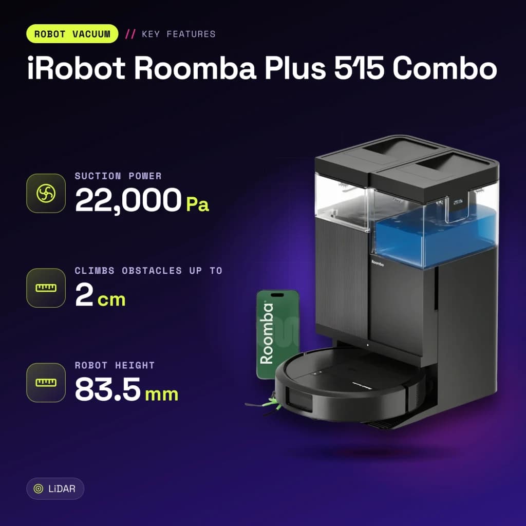 Robot aspirador iRobot Roomba Plus 515 Combo Preto LiDAR Lavagem com mopa elevatória Esvaziamento automático - características
