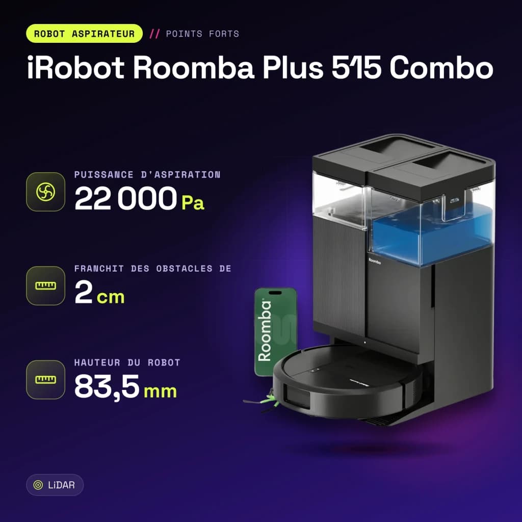 Robot aspirador iRobot Roomba Plus 515 Combo Preto LiDAR Lavagem com mopa elevatória Esvaziamento automático - características