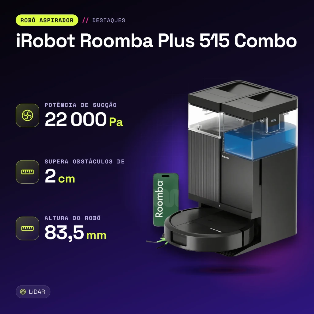 Robot aspirador iRobot Roomba Plus 515 Combo Preto LiDAR Lavagem com mopa elevatória Esvaziamento automático - características