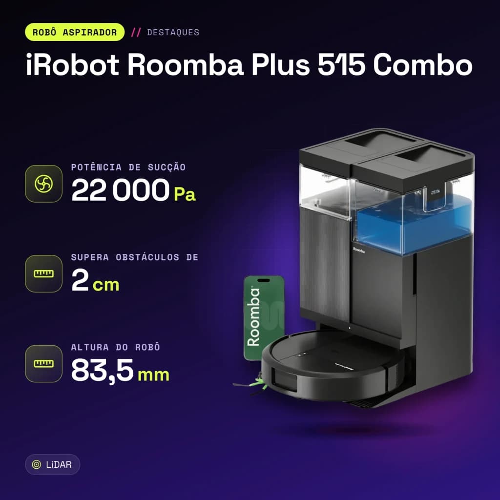 Robot aspirador iRobot Roomba Plus 515 Combo Preto LiDAR Lavagem com mopa elevatória Esvaziamento automático - características