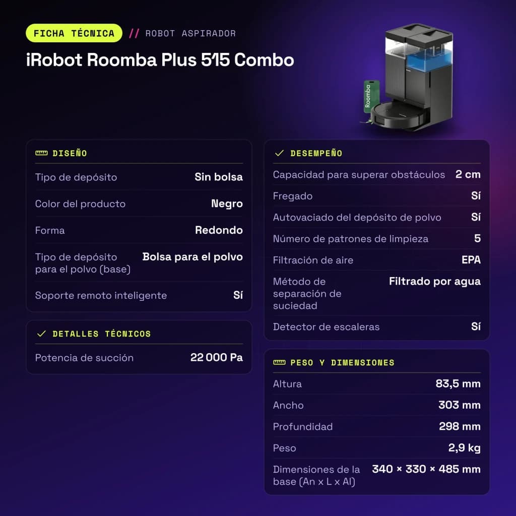 Robot aspirador iRobot Roomba Plus 515 Combo Preto LiDAR Lavagem com mopa elevatória Esvaziamento automático - características
