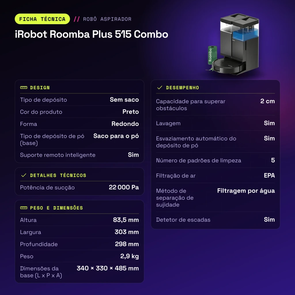 Robot aspirador iRobot Roomba Plus 515 Combo Preto LiDAR Lavagem com mopa elevatória Esvaziamento automático - características
