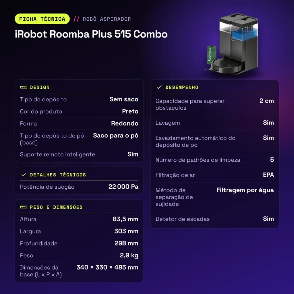Robot aspirador iRobot Roomba Plus 515 Combo Preto LiDAR Lavagem com mopa elevatória Esvaziamento automático - características