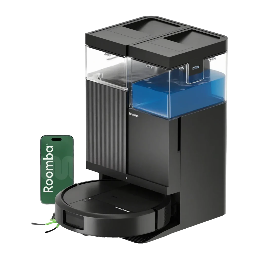 Robot aspirador iRobot Roomba Plus 515 Combo Preto LiDAR Lavagem com mopa elevatória Esvaziamento automático, vista frontal