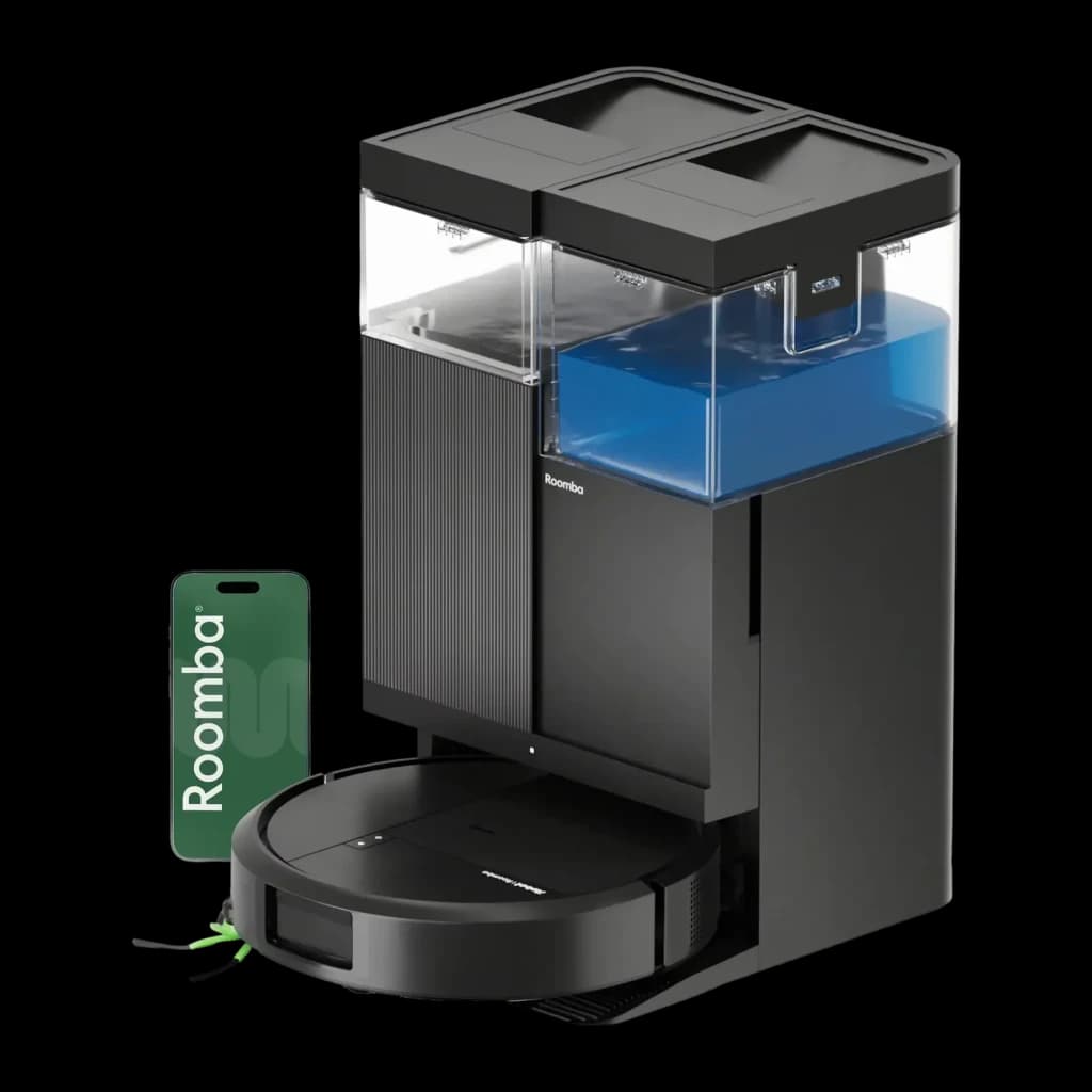 Robot aspirador iRobot Roomba Plus 515 Combo Preto LiDAR Lavagem com mopa elevatória Esvaziamento automático, vista frontal