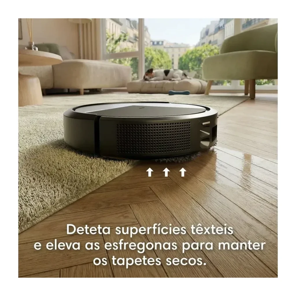 Robot aspirador iRobot Roomba Plus 515 Combo Preto LiDAR Lavagem com mopa elevatória Esvaziamento automático, vista lateral