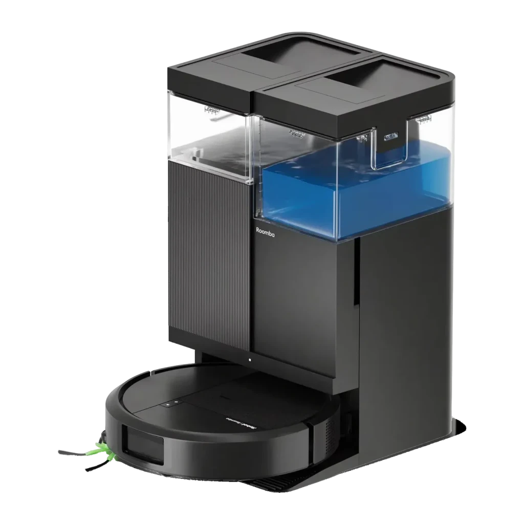 Robot aspirador iRobot Roomba Plus 515 Combo Preto LiDAR Lavagem com mopa elevatória Esvaziamento automático, vista lateral