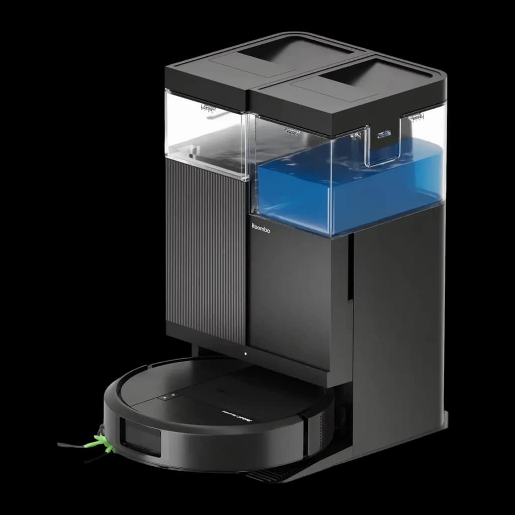 Robot aspirador iRobot Roomba Plus 515 Combo Preto LiDAR Lavagem com mopa elevatória Esvaziamento automático, vista lateral