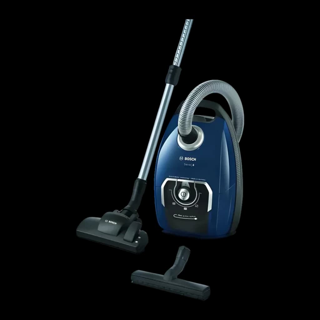 Aspirador com saco Bosch Serie 8 Azul 650W 15m cabo BGB75X494, vista lateral: corpo azul com mangueira, tubo telescópico