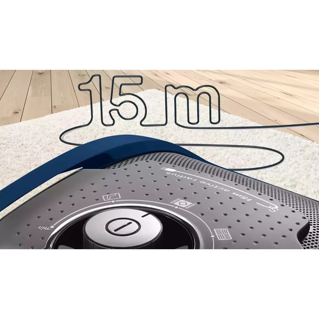 Aspirador com saco Bosch Serie 8 Azul 650W 15m cabo BGB75X494, detalhe superior: seletor de potência e cabo formando cifra