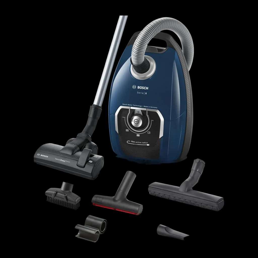 Aspirador com saco Bosch Serie 8 Azul 650W 15m cabo BGB75X494, vista conjunto: corpo azul com mangueira e 5 acessórios