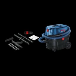 Aspirateur industriel Bosch GAS 12-25 PL Bleu/Noir 200 kPa 1250W, vue latérale avec accessoires: flexible, buses et sac