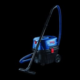 Aspirateur industriel Bosch GAS 12-25 PL Bleu/Noir 200 kPa 1250W, vue latérale: cuve noire, couvercle bleu, flexible et tube