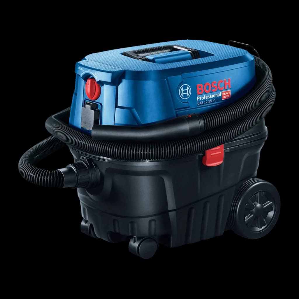 Aspirateur industriel Bosch GAS 12-25 PL Bleu/Noir 200 kPa 1250W, vue latérale: corps bleu avec cuve noire, flexible