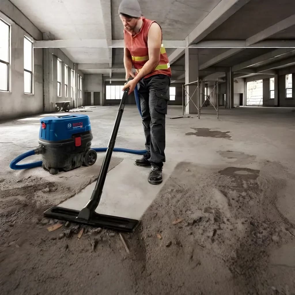 Aspirateur industriel Bosch GAS 12-25 PL Bleu/Noir 200 kPa 1250W, en action: opérateur aspirant poussière sur sol béton