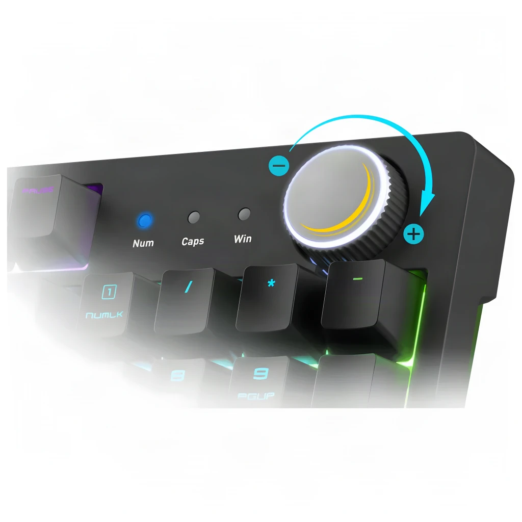 Teclado Gaming MSI Forge GK320 Red Switch Hot-Swap RGB FR Preto, detalhe: roda de volume iluminada com indicadores Num, Caps