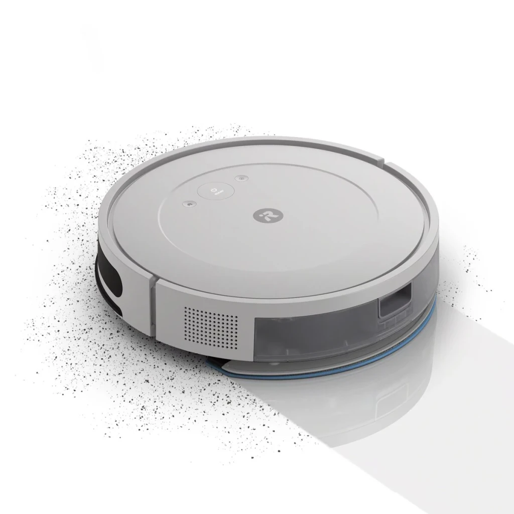 Robot aspirador iRobot Roomba Combo Essential Cinzento Lavagem 3 Níveis 120min, vista diagonal superior: robô aspirando