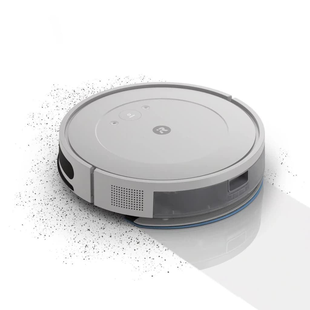 Robot aspirador iRobot Roomba Combo Essential Cinzento Lavagem 3 Níveis 120min, vista diagonal superior: robô aspirando