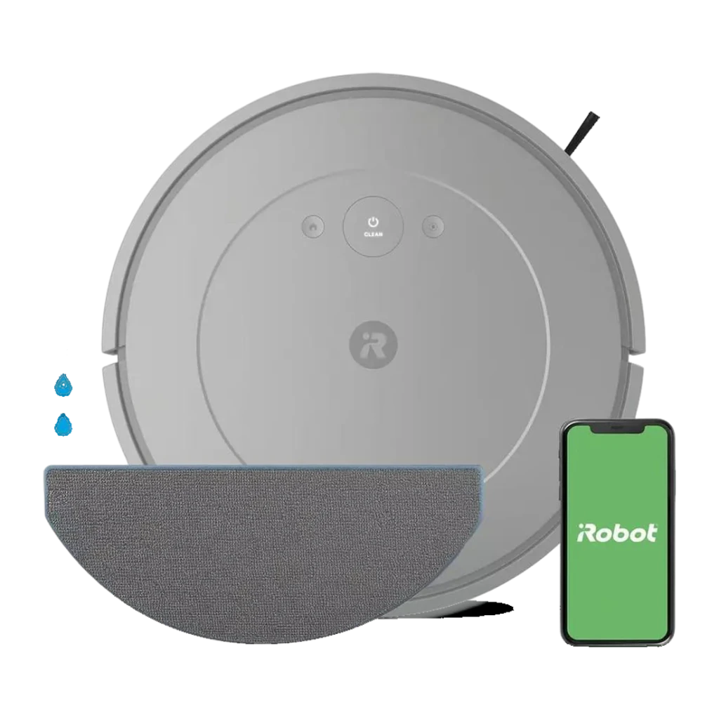 Robot aspirador iRobot Roomba Combo Essential Cinzento Lavagem 3 Níveis 120min, vista superior: mopa, gotas de água e app
