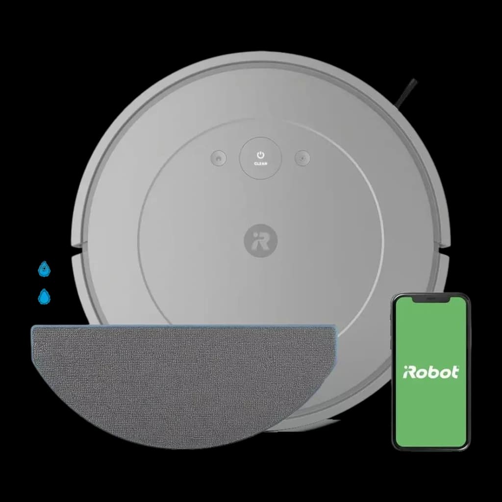 Robot aspirador iRobot Roomba Combo Essential Cinzento Lavagem 3 Níveis 120min, vista superior: mopa, gotas de água e app