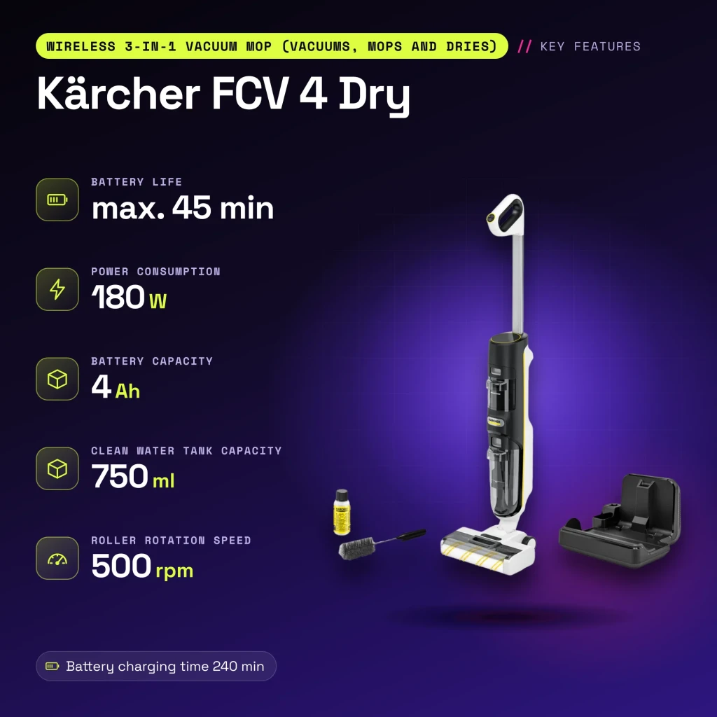 Aspirador fregona Kärcher FCV 4 Dry Negro Friegasuelos Sin Cable 180W 45min - características