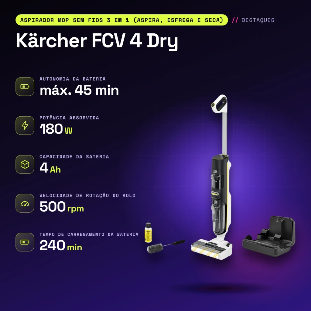 Aspirador fregona Kärcher FCV 4 Dry Negro Friegasuelos Sin Cable 180W 45min - características