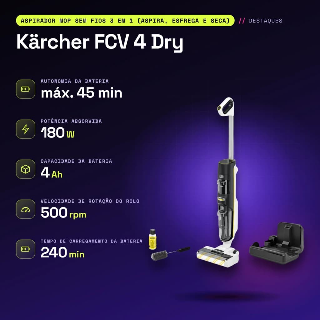 Aspirador fregona Kärcher FCV 4 Dry Negro Friegasuelos Sin Cable 180W 45min - características