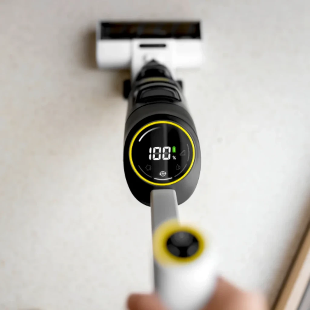 Aspirador fregona Kärcher FCV 4 Dry Negro Friegasuelos Sin Cable 180W 45min, detalle pantalla LED: display circular amarillo