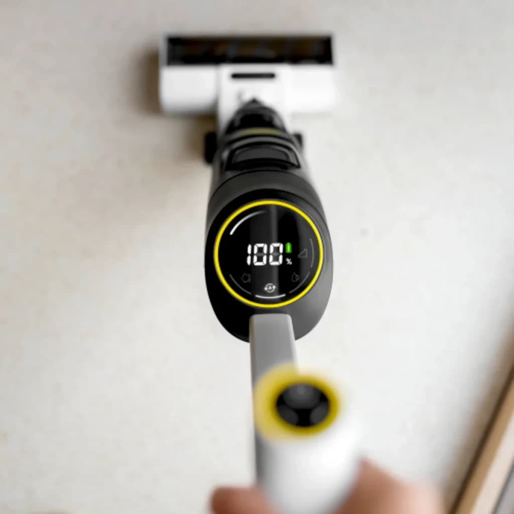Aspirador fregona Kärcher FCV 4 Dry Negro Friegasuelos Sin Cable 180W 45min, detalle pantalla LED: display circular amarillo