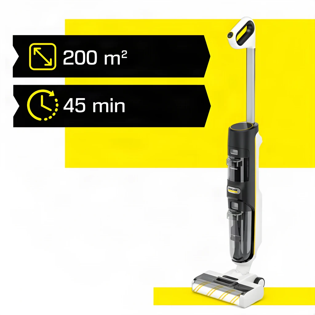 Aspirador fregona Kärcher FCV 4 Dry Negro Friegasuelos Sin Cable 180W 45min, vista lateral: infografía con cobertura 200 m²