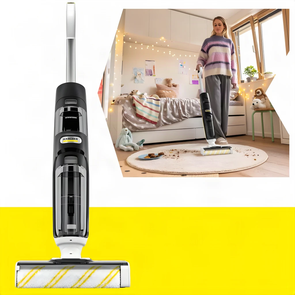 Aspirador fregona Kärcher FCV 4 Dry Negro Friegasuelos Sin Cable 180W 45min, vista frontal y en uso: cuerpo negro