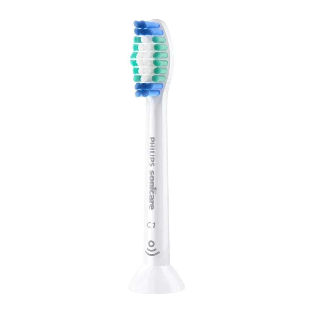 Tête de brosse à dents Philips Sonicare C1 ProResults Pack 6 Blanc HX6016/87, vue latérale: poils bleus, verts et blancs