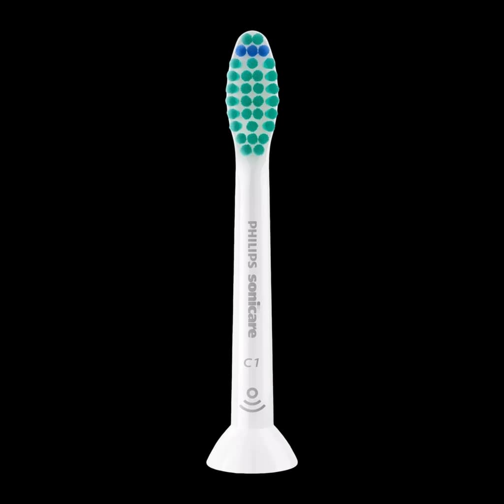 Tête de brosse à dents Philips Sonicare C1 ProResults Pack 6 Blanc HX6016/87, vue de face: tête avec poils verts et bleus