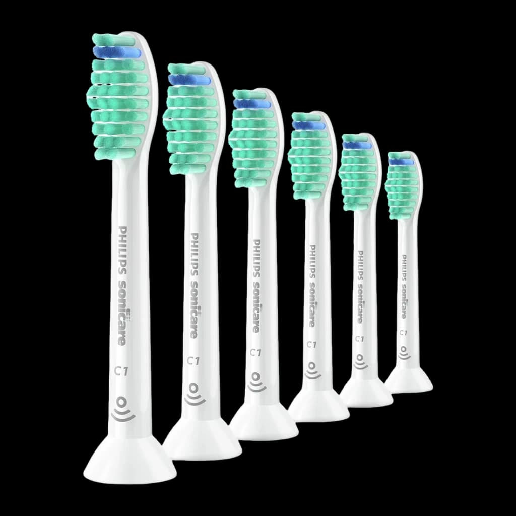 Tête de brosse à dents Philips Sonicare C1 ProResults Pack 6 Blanc HX6016/87, vue latérale: 6 têtes en rangée diagonale