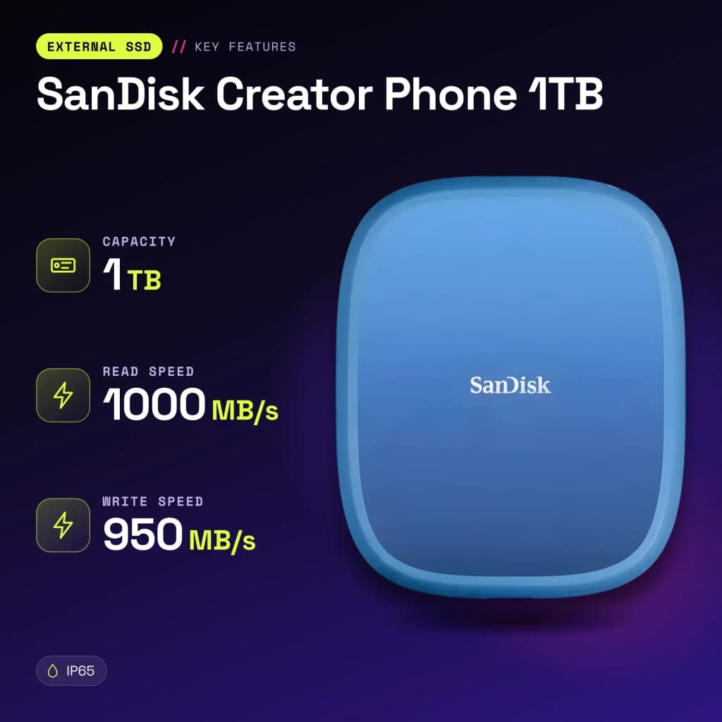 SSD Portable SanDisk Creator Phone 1 To IP65 USB-C USB 3.2 Gen 2 Bleu - caractéristiques