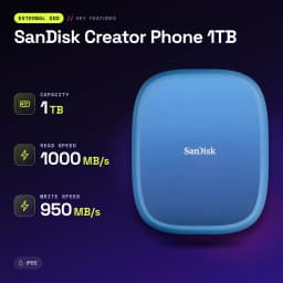 SSD Portable SanDisk Creator Phone 1 To IP65 USB-C USB 3.2 Gen 2 Bleu - caractéristiques