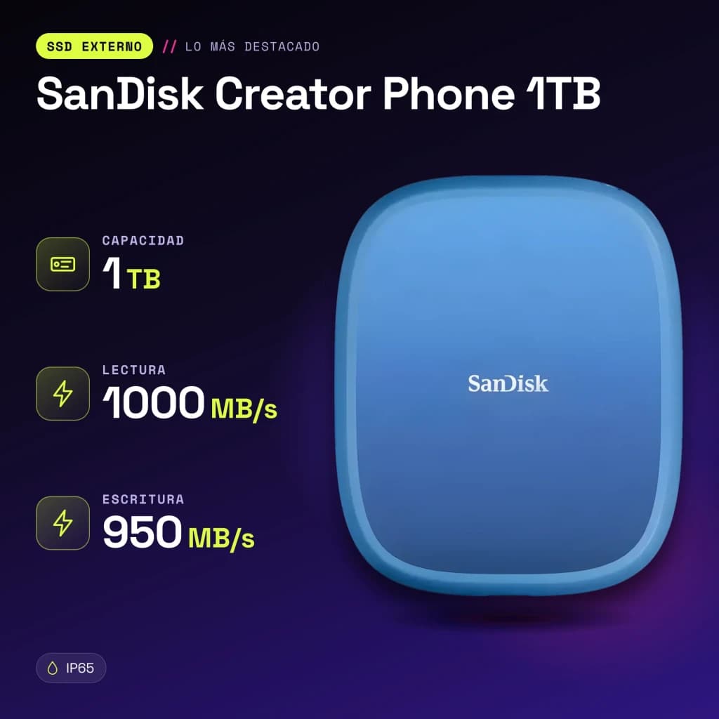 SSD Portable SanDisk Creator Phone 1 To IP65 USB-C USB 3.2 Gen 2 Bleu - caractéristiques