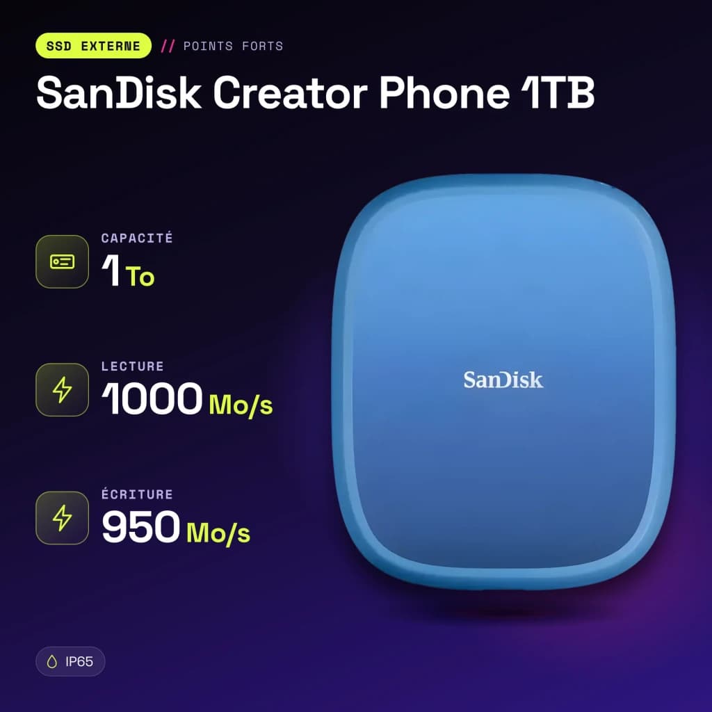 SSD Portable SanDisk Creator Phone 1 To IP65 USB-C USB 3.2 Gen 2 Bleu - caractéristiques