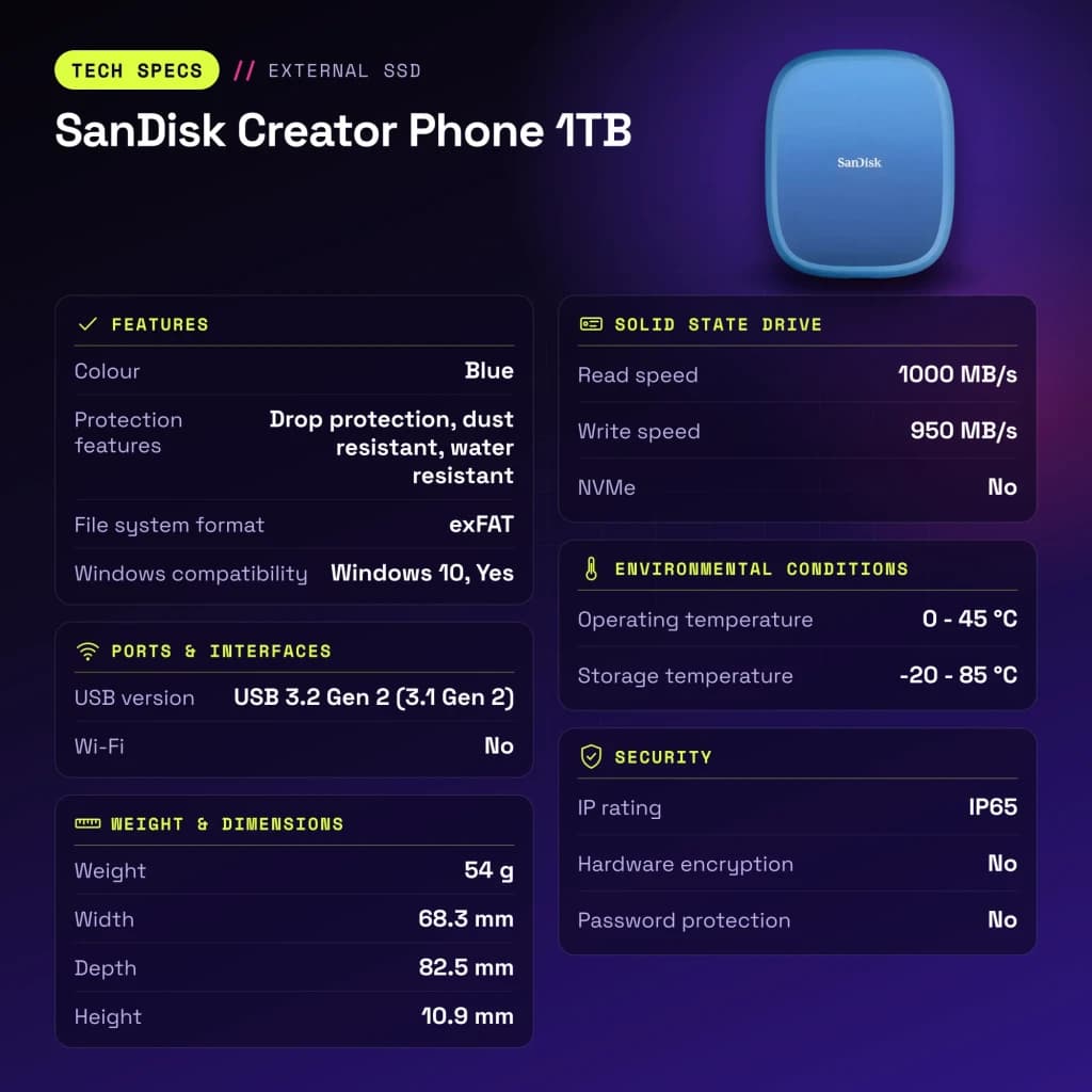 SSD Portable SanDisk Creator Phone 1 To IP65 USB-C USB 3.2 Gen 2 Bleu - caractéristiques