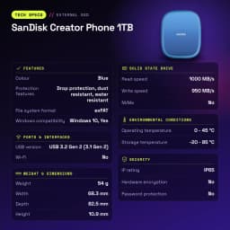 SSD Portable SanDisk Creator Phone 1 To IP65 USB-C USB 3.2 Gen 2 Bleu - caractéristiques