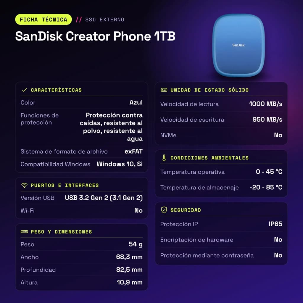 SSD Portable SanDisk Creator Phone 1 To IP65 USB-C USB 3.2 Gen 2 Bleu - caractéristiques