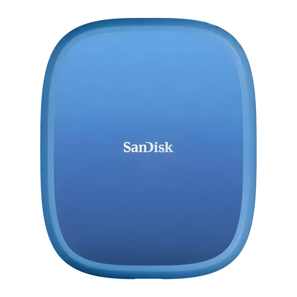 SSD Portable SanDisk Creator Phone 1 To IP65 USB-C USB 3.2 Gen 2 Bleu, vue avant: boîtier arrondi bleu dégradé avec logo