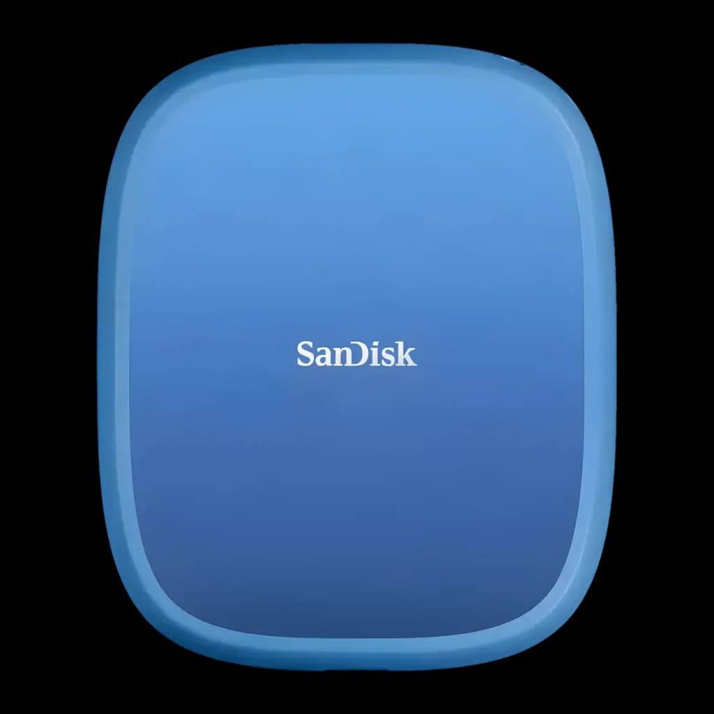 SSD Portable SanDisk Creator Phone 1 To IP65 USB-C USB 3.2 Gen 2 Bleu, vue avant: boîtier arrondi bleu dégradé avec logo