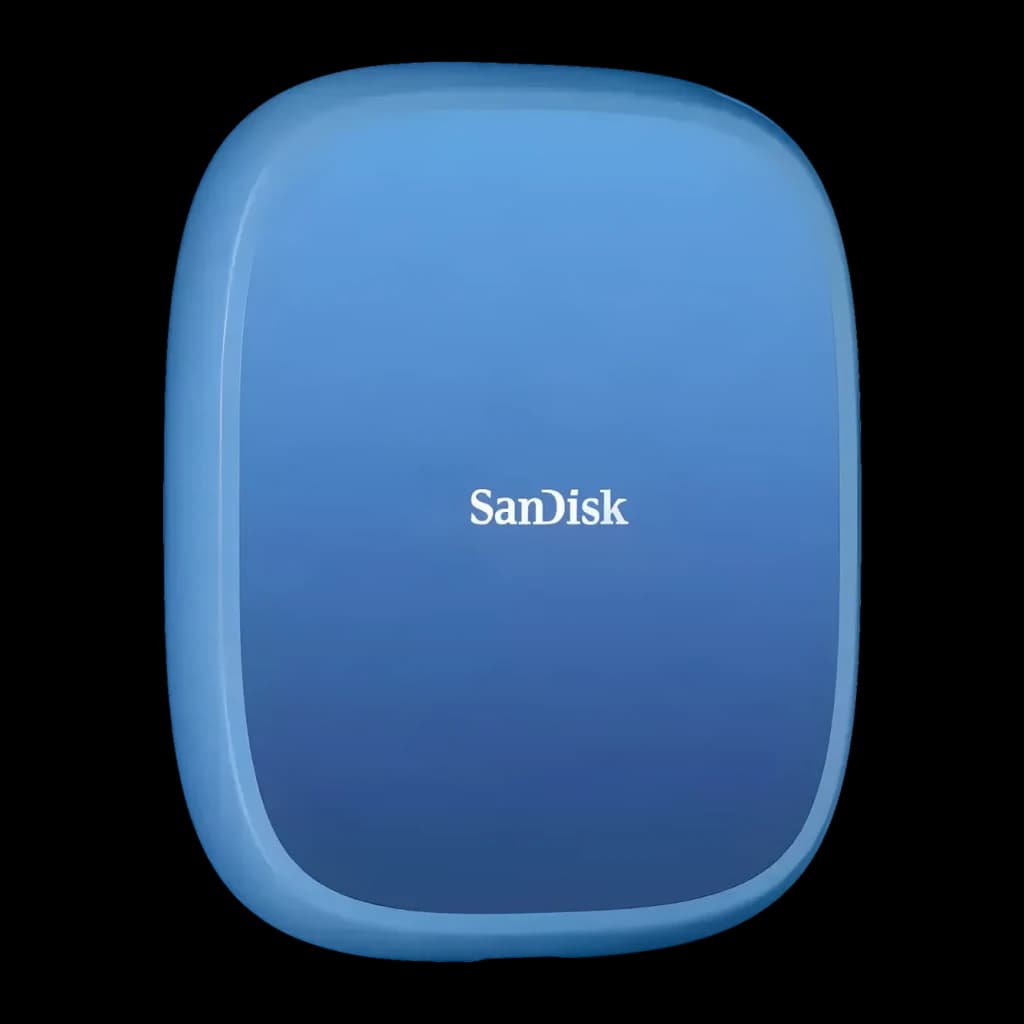 SSD Portable SanDisk Creator Phone 1 To IP65 USB-C USB 3.2 Gen 2 Bleu, vue avant: coque bleu dégradé avec logo SanDisk centré